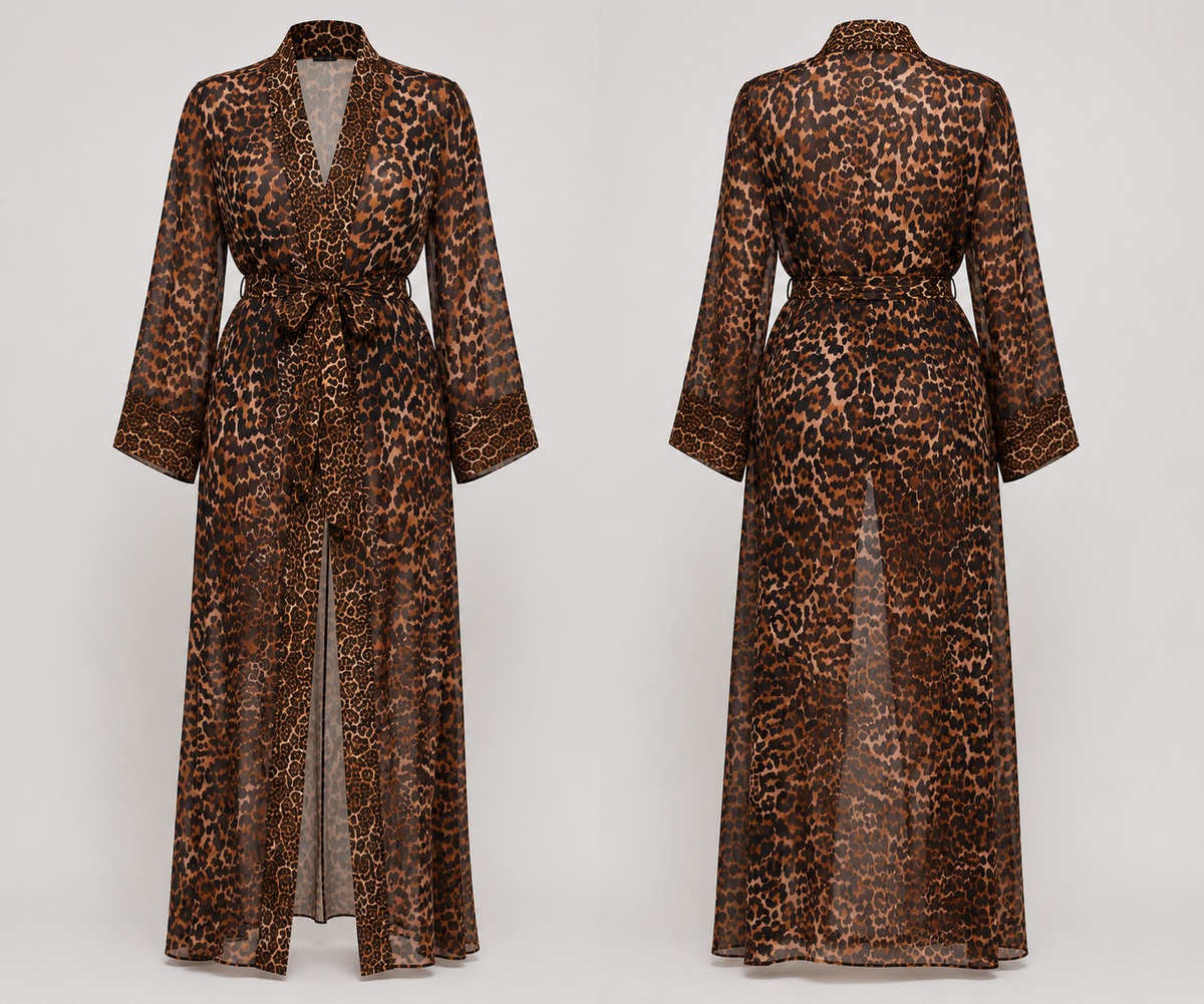 A long leopard-print robe shown from the front and back on a light gray studio background. The robe has a brown, black, and tan animal pattern, a wrap-style collar, long sleeves, and a self-tie belt at the waist.
